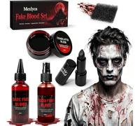 Faux Sang Halloween Set - 2 x 60ml grande capacité Spray et Gouttes, Gel Coagulé de 30g et Rouge à Lèvres Noir pour maquillage Vampire, Zombie, Clown, Démon, Goule, Slasher, Blessé Cosplay SFX
