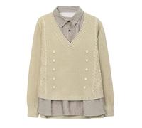 Faux tricot deux pièces à manches longues pour femme - Pull fin - Rayé - Manches longues, beige, Taille unique