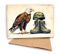 Fava Bean Productions Carte d'appréciation des membres du service militaire (bottes de combat et casque d'aigle chauve) vierge à l'intérieur et adaptée pour le soutien au déploiement, la retraite ou