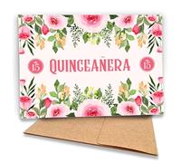 Fava Bean Productions Quinceanera 515 Carte d'anniversaire, motif floral aquarelle, blanc, 17,8 x 12,7 cm, carte de qualité supérieure avec message à l'intérieur, texte espagnol, thème roses roses