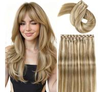 FAVE 100g Extensions de Cheveux Humains Naturels, 45 cm, 8 pièces | Blond Mélangé, Cheveux Remy 100% Humains, base Peau PU, Micro-Perles, Sans Colle, Doubles Onglets, Réutilisable