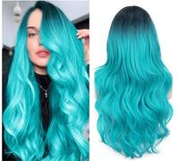 FAVE Perruque Longue Ondulée Dégradé Bleu-Vert - Cheveux Synthétiques Résistants à la Chaleur - Raie Latérale - Style Sirène - Pour Usage Quotidien et Soirée (Dégradé Bleu-Vert)