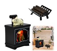 Favengo 3 Pcs Lutin Farceur Accessoires Noël, Accessoire Maison de Poupée, Miniature Crèche de Feu de Camp, Miniature Cheminée Lumineuse + Bois de Chauffage + Chat, pour Déco Fête Festival Cadeau