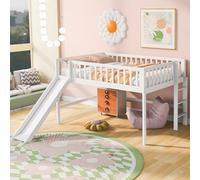 Favfurish Lit mezzanine bas avec échelle et toboggan, cadre de lit vertical en bois, pour enfants et jeunes adolescents, pas de sommier tapissier nécessaire, gain de place, blanc