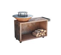 Favilla FLAME - Brasero en acier Corten avec plaque de grill et plancha Anneau de cuisson - Rangement à bois - Effet patiné - Résistant aux intempérie