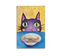 FAVIRXPYU Impression sur toile style peinture à l'huile avec chat violet qui regarde un poisson - Affiches d'art pour décoration murale moderne pour chambre à coucher (30 x 45 cm)