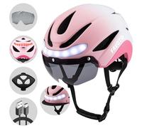 Favoto Casque de Vélo avec Lumière - Casques de Cyclisme pour Homme Femme Adulte avec Lumières Arrières Circonférence Réglable Visière Amovible L 59-61cm Rose