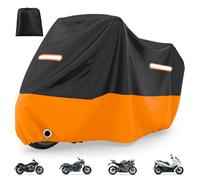 Favoto Housse Moto Extérieure Imperméable - Bâche de Protection XL Anti-UV & Anti-Poussière avec Trou pour Antivol Sangles Coupe-Vent Noir Orange 220×105×125cm