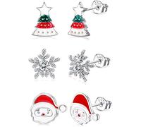 Favritt Lot de 3 paires de boucles d'oreilles à tige en argent sterling - Motif bonhomme de neige, Père Noël, arbre, flocon de neige - Hypoallergéniques - Cadeau de Thanksgiving