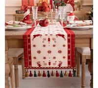 FAWFCJD Chemin De Table Noël À Pompons, Nappe Rouge Neige, d'hiver Rétro, Napperon, Set for Les Fêtes, Salle Manger, Cuisine, Réceptions, Décoration Intérieure(35 * 300cm)