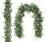FAYAHAR 2 Pièces Guirlandes Artificielles d'Eucalyptus, 1,8m Eucalyptus Artificiel avec Guirlande de Fleurs Blanches, Décoration d'Eucalyptus pour Mariage, Arc, Arrière-Plan, Maison, Table