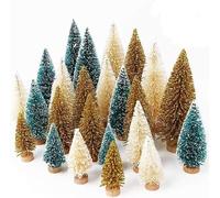 Fayavoo Lot de 24 mini sapins de Noël artificiels en sisal avec base en bois, brosse à bouteille, arbres de neige pour travaux manuels, décoration de table, décorations d'hiver (vert, doré et ivoire)