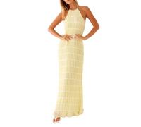 Faymlc Robe longue plissée dos nu sans manches dos nu pour femme Robe longue dos nu dos nu robe d'été fluide robes de vacances, Jaune beurre., Taille M