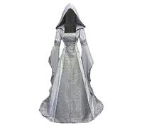 Faynore Costume d'Halloween à capuche pour femme - Costume de vampire en velours - Robe médiévale, de carnaval, gothique, de la Renaissance - Vêtements médiévaux pour femmes - Robe victorienne (gris