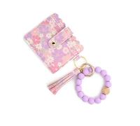 Fazvncv Porte-clés portefeuille avec dragonne, petit porte-cartes de crédit, chaîne, bracelet, pompons, perles, anneaux pour femme, violet