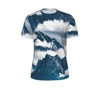 FBGHHTY Paysage avec des montagnes et des nuages imprimé confortable été hommes manches courtes t-shirt respirant athlétique gym vêtements de sport, Noir , XXL