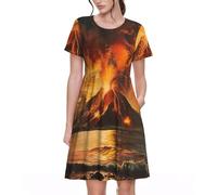 Fbghhty Robe d'été décontractée à manches courtes et col rond avec imprimé volcan pour femme, Noir , XL