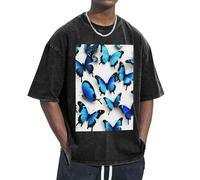 FBGHHTY T-shirt imprimé de nombreux papillons bleus, propriétés d'évacuation de l'humidité, maintien de la facilité de mouvement, décontracté et léger, Noir , L