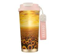 FBGHHTY Tasse à café en acier inoxydable avec imprimé champ de tournesol, coucher de soleil, mer de fleurs, tasse de voyage, pour la maison, le bureau, l'extérieur, le camping