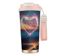 FBGHHTY Tasse à café en acier inoxydable avec imprimé cœur et étoile filante pour la maison, le bureau, l'extérieur, le camping