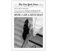 FBKDVC Impression sur toile style journal tendance noir et blanc avec inscription « Mom I Am A Rich Man » - Décoration murale rétro pour bar, chariot, dortoir, 30,5 x 40,6 cm - Sans cadre