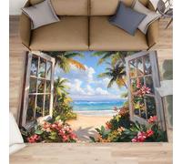 FBRUIEG Tapis d'imitation fenêtre lavable pour chambre de fille, chambre de fille, vue mer, paysage naturel, décoration d'intérieur, pour chevet, salle à manger, cuisine, 120 x 170 cm