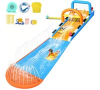 FBSPORT 10M Château Gonflable Extérieur Enfant, Toboggan Aquatique 2 Pistes, Structure pour Jardin avec Arroseurs & 2 Planches de Glisse, Jeux d'Été pour Enfants