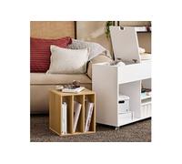 FBT134-W Bout de Canapé en Bois, Table d'appoint Café, Table Basse Roulante, avec Porte- revues et Tiroir, Meuble de Rangement