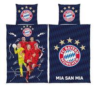 FC Bayern München Parure de lit réversible Player 135 x 200 + 80 x 80 cm 100 % coton Linon Football FCB Maître des records allemands Mia san Mia San Mia Football Alliance Arena Taille allemande avec