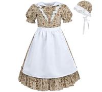 FCCAM Déguisement colonial pour fille avec casquette de mafia, robe florale pionnière des prairies américaines des années 1800, marron, taille L, plus de 4 ans