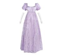 FCCAM Regency Robe à manches bouffantes pour femme - Taille empire - Robe vintage victorienne avec broderie en maille - Robe de fête avec gants, Violet 1502, L
