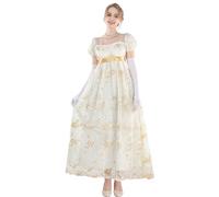 FCCAM Robe Regency Jane Austen pour femme - Longue robe vintage - Robe de bal victorienne avec gants - Taille empire, Or 1104, XXL