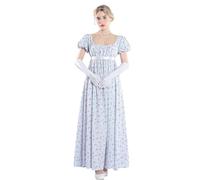FCCAM Robe Regency Jane Austen pour femme - Longue robe vintage - Robe de bal victorienne avec gants - Taille empire, Bleu 1023, M