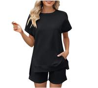 Fccrian Ensemble de survêtement 2 pièces pour femme à col rond et manches courtes - Chemise fendue sur le côté et short avec poches - Tenue de voyage confortable pour femme, Noir , XXL