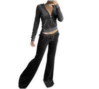 Fccrian Ensemble de survêtement en velours pour femmes 2 pièces, tenue décontractée avec veste zippée à capuche à manches longues, pantalon à jambe large, style Y 2k, ensemble pour femmes, Noir , S