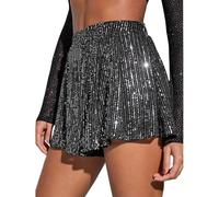 Fccrian Jupe short taille haute à paillettes pour femme - Mini jupe trapèze scintillante - Jupes grande taille pour femmes - 4X à 5X, Argenté., S