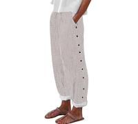 Fccrian Pantalon décontracté en coton et lin rayé avec taille élastique sur le côté arrière quatre poches 9/10 pour femme, kaki, M