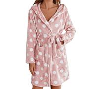 Fccrian Peignoir à pois pour femme - Capuche douce et confortable - Longueur genou - Robe de chambre ample et confortable - Col en V - Manches longues - Super douce et chaude - Pour femme, rose, M