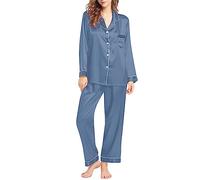 Fccrian Pyjama soyeux pour femme avec col rabattu et col en V avec poche de poitrine et pantalon de pyjama à taille élastique - Vêtement de détente décontracté pour tous les jours - Ensemble de pyjama