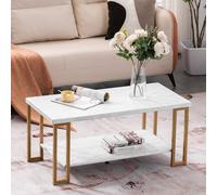FCH Table basse, 2 étagères, 100 x 51 x 46cm, cadre métallique, design moderne, impression marbre, blanc & or