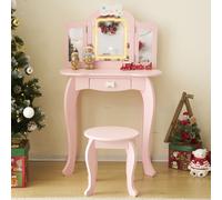 FCH table de maquillage pour enfants avec LED, tabouret, miroir, triple miroir, luminosité réglable, rose