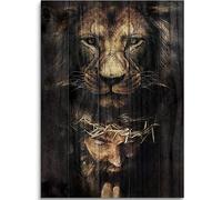 Fchen art Lion et Jésus avec couronne d'épines - Décoration murale rustique en bois - Décoration de ferme chrétienne pour église, maison - Impression sur toile religieuse inspirante prête à accrocher