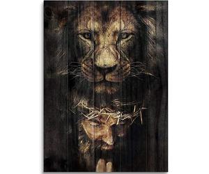 Fchen art Lion et Jésus avec couronne d'épines - Décoration murale rustique en bois - Décoration de ferme chrétienne pour église, maison - Impression sur toile religieuse inspirante prête à accrocher