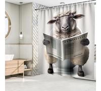 Fchen art Rideau de douche rétro vintage en polyester imperméable Motif chèvres agneau assis sur les toilettes, lisant un journal, salle de bain, ferme rurale, nature 180 x 180 cm
