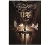Fchen art Toile murale chrétienne Jésus Lion Jésus et la croix et la colombe de la paix - Œuvre d'art murale chrétienne de Dieu - Affiches prêtes à être accrochées pour chambre à coucher, églises -