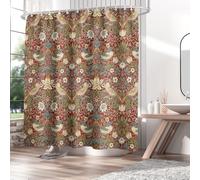 Fchen art William Morris - Rideau de douche en tissu à séchage rapide, motif plantes, oiseaux et fleurs rustiques sur fond rouge, avec 12 crochets, 180 x 180 cm
