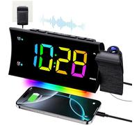 FCHERP Radio Reveil Projecteur Plafond 180°, Radio Réveil FM Numérique, Grand Écran LED, Chargeur USB, Double Alarme, 12/24H, Snooze, Horloge Projection Plafond pour la Chambre