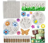 FCKEMLDS Lot de 6 moules en silicone en forme d'herbe verte pour jardin, clôture, fondant, papillon, marguerite, fleurs, grains de bois, écorce d'arbre pour décoration de gâteaux, décoration de