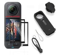 FCMEDZI Lot de 2 + 1 films de protection d'écran en silicone pour Insta360 X5 - Noir - Film de protection d'écran en verre trempé de qualité supérieure et protection d'objectif d'appareil photo en