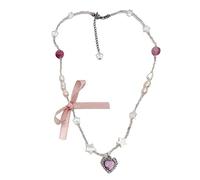 Fcnjsao Collier pour femme avec nœud et perles - Collier ras du cou en forme de cœur - En alliage - Pour fille et femme, Métal